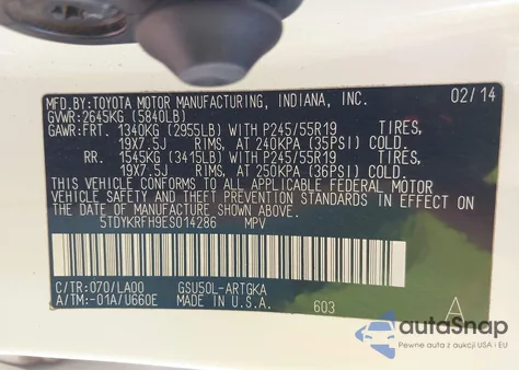 2014 Toyota Highlander Limited V6 z USA, uszkodzony, nr VIN 5TDYKRFH9ES014286